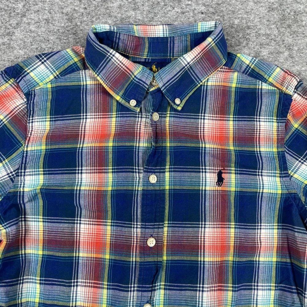 Ralph Lauren Button Down Shirt Boys L (14-16) Blue Plaid Long Sleeve Classic
